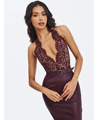 Miss Circle Women's Fiera Mahogany Plunging Halter Belted Midi Dress