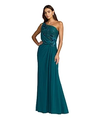 Mac Duggal Women's Jersey One Shoulder Cowl Gown With 3D Flowers
