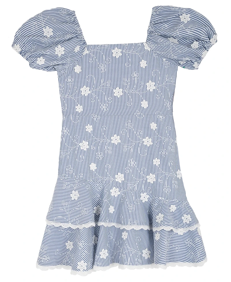 Rare Editions Big Girl 7-16 Striped Embroidered Puff Sleeve Ruffle Hem Dress