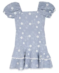 Rare Editions Big Girl 7-16 Striped Embroidered Puff Sleeve Ruffle Hem Dress
