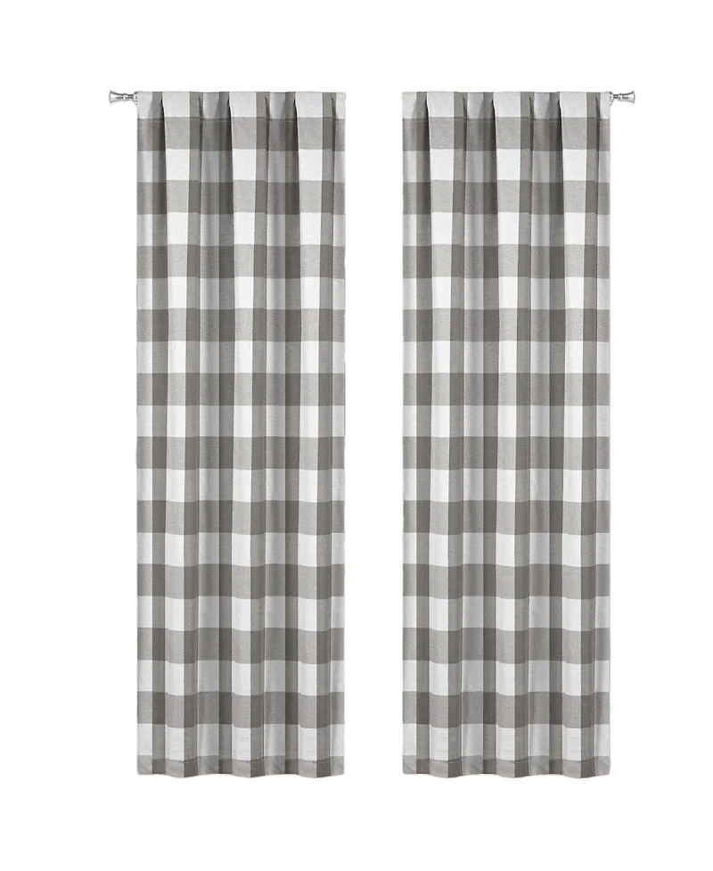 Kate Aurora 2 Piece Country Farmhouse Gray Buffalo Plaid Pleated Rod Pocket Window Curtain Panels