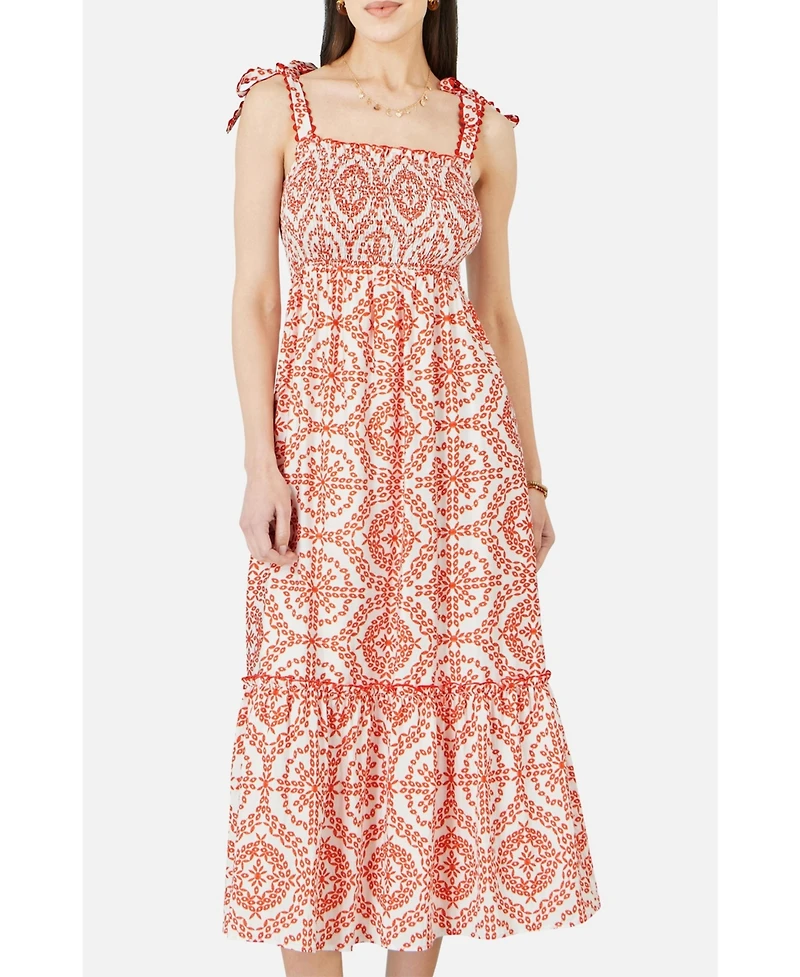 Yumi Women's Viscose Ruched Tie Strap Midi Sun Dress