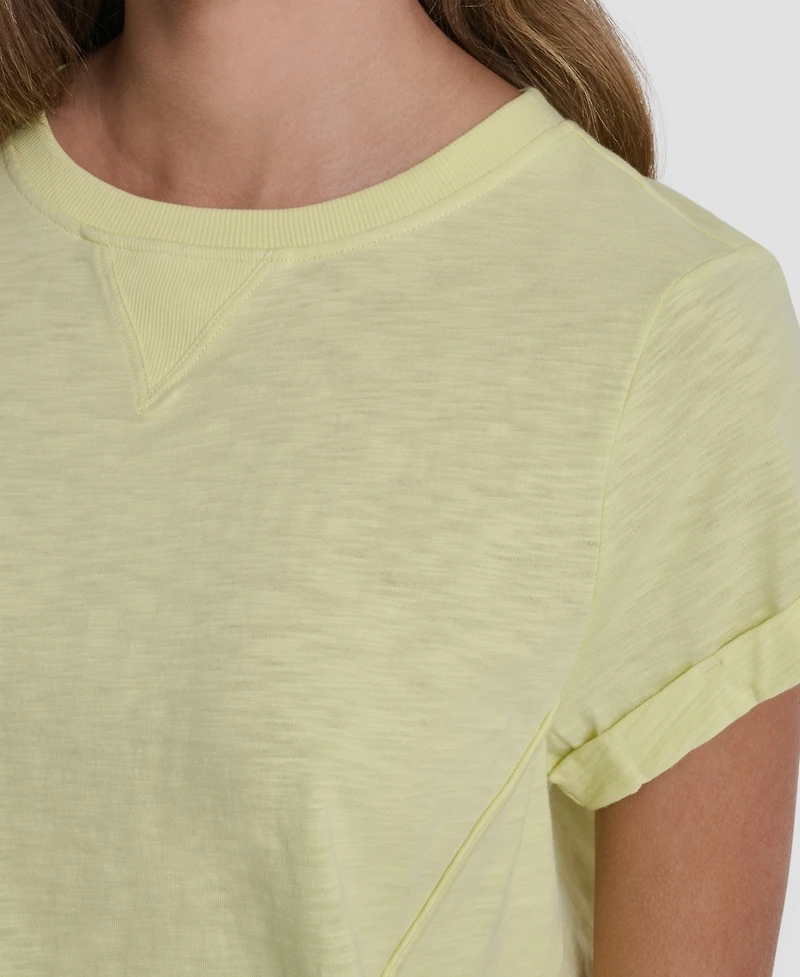 Dkny Sport Women's Embroidered Crewneck Logo Roll-Sleeve Top