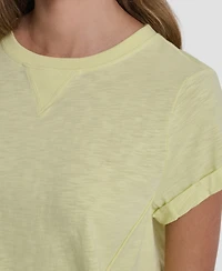 Dkny Sport Women's Embroidered Crewneck Logo Roll-Sleeve Top