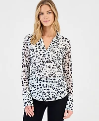 I.n.c. International Concepts Women's Long-Sleeve Printed Mesh Collared Top, Macy's Exclusive
