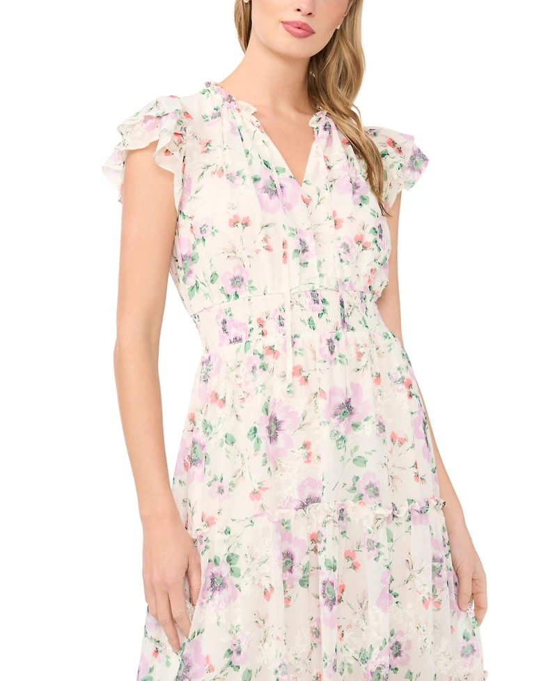 CeCe Women's Flutter-Sleeve Smocked Waist Split-Tie Neck Tiered Maxi Dress