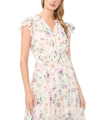 CeCe Women's Flutter-Sleeve Smocked Waist Split-Tie Neck Tiered Maxi Dress