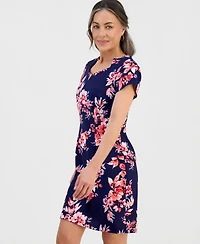 Connected Petite Floral Print Short-Sleeve Sheath Dress