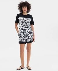 I.N.C. International Concepts Womens Mixed Media T Shirt Printed Drawstring Shorts Macys Exclusive