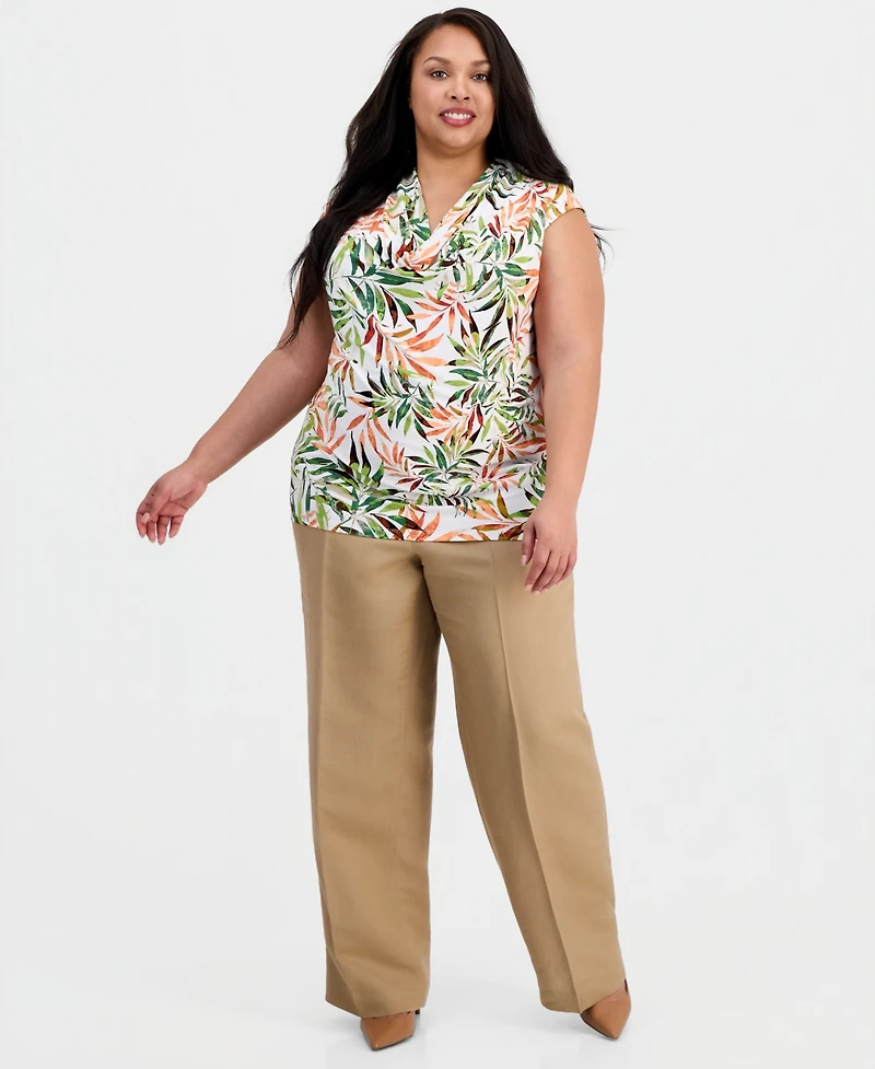 Kasper Plus Printed Cowl-Neck Cap-Sleeve Blouse