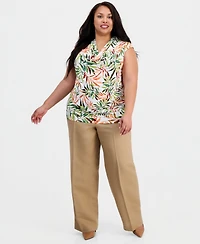 Kasper Plus Printed Cowl-Neck Cap-Sleeve Blouse