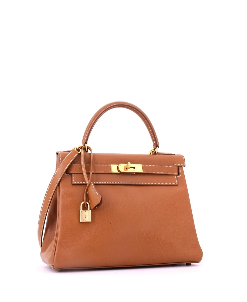 Pre-Owned HERMES Kelly 28 Handbag Brown Courchevel with Gold Hardware