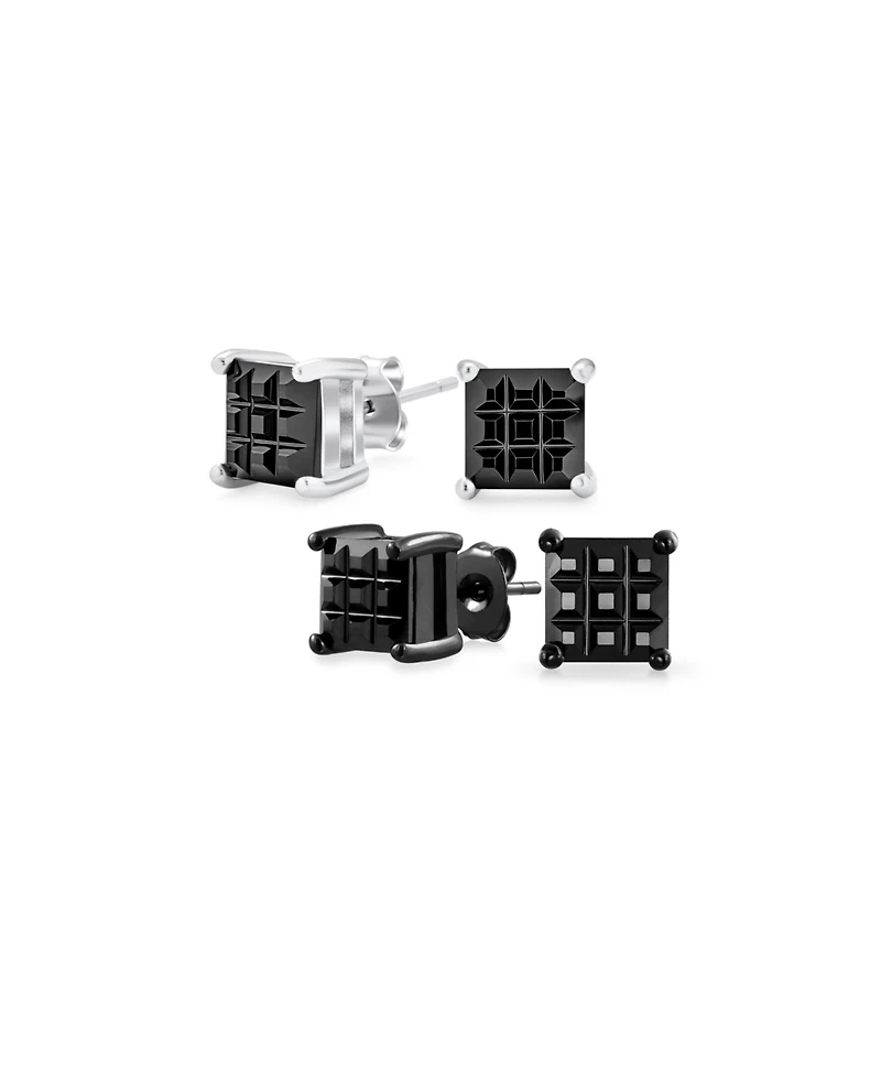 Bling Jewelry Set of 2 Invisible Cut Square Cz Checkboard Stud Earrings Black Plated Silver