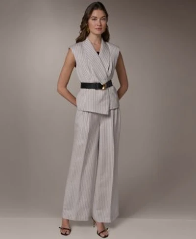 Donna Karan New York Womens Sleeveless Pinstripe Belted Vest High Waist Wide Leg Pants
