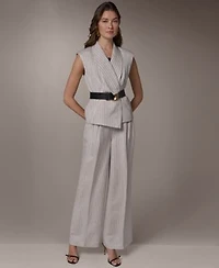 Donna Karan New York Womens Sleeveless Pinstripe Belted Vest High Waist Wide Leg Pants