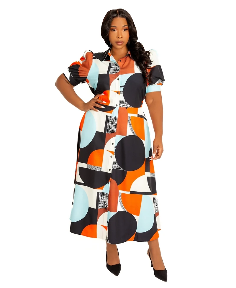 Buxom Couture Women's Plus Geometric Print Puff Sleeve Shirtdress with Tie Waist Detail