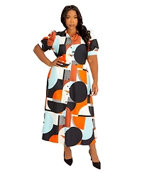 Buxom Couture Women's Plus Geometric Print Puff Sleeve Shirtdress with Tie Waist Detail