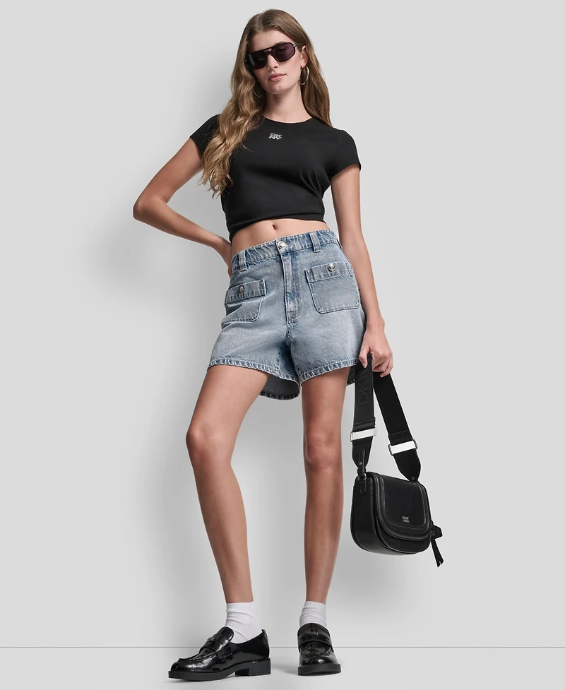 Dkny Jeans Women's Rhinestone Logo Crew Neck Baby T-Shirt