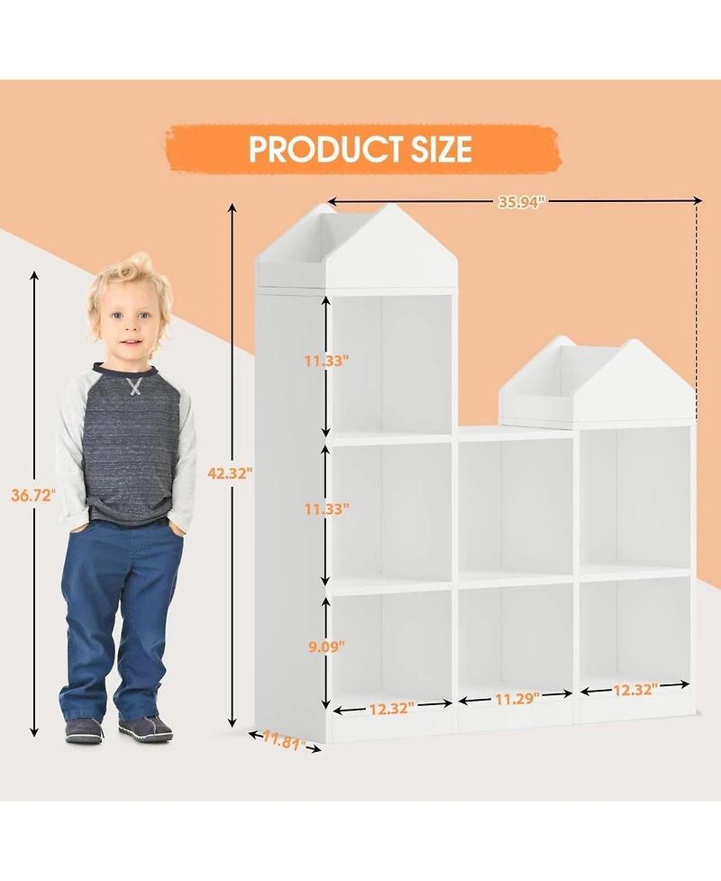 gaomon Kids Bookshelf with Reading Nook – 6-Cubby Wooden Toy Storage Organizer with Seat Cushion, Playhouse Cabinet and Storage Bench for Playroom