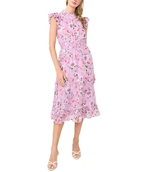 CeCe Women's Flutter-Sleeve Smocked Crewneck Midi Dress