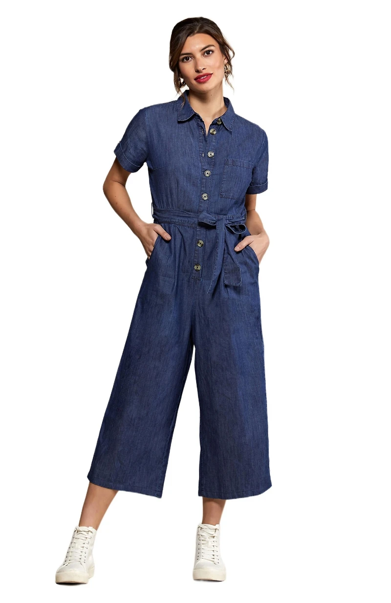 Yumi Women's Chambray Light Denim Button Jumpsuit