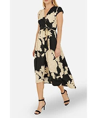 Yumi Women's Blossom Print Dipped Hem Wrap Midi Dress