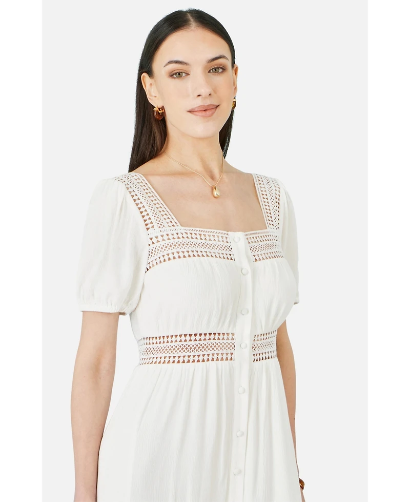 Yumi Women's Cotton Square Neckline Lace Midi Dress