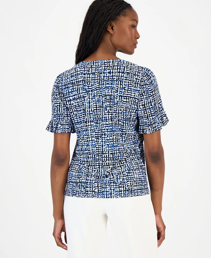 Anne Klein Essentials Petite Printed Ruffle-Sleeve Top