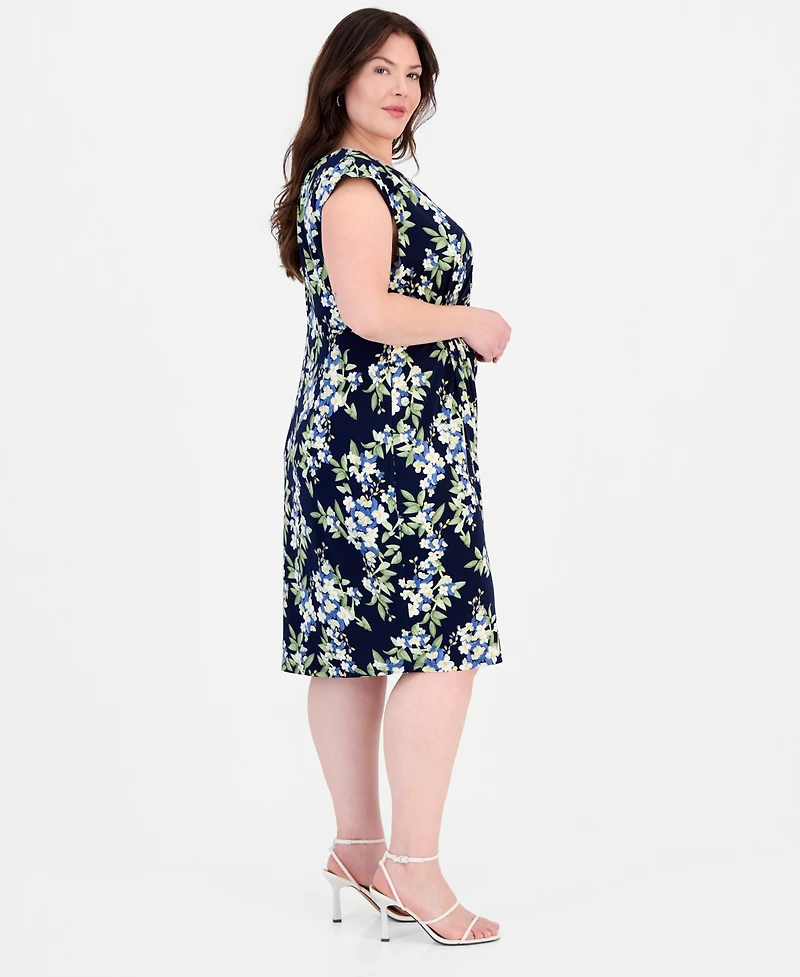 Connected Plus Printed Round-Neck Faux-Sarong Dress