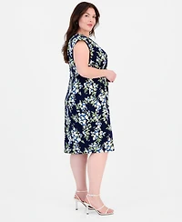 Connected Plus Printed Round-Neck Faux-Sarong Dress