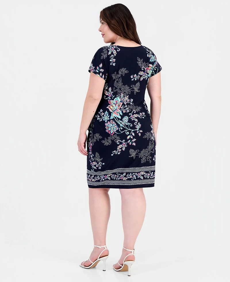 Robbie Bee Plus Printed Faux-Sarong Short-Sleeve Dress