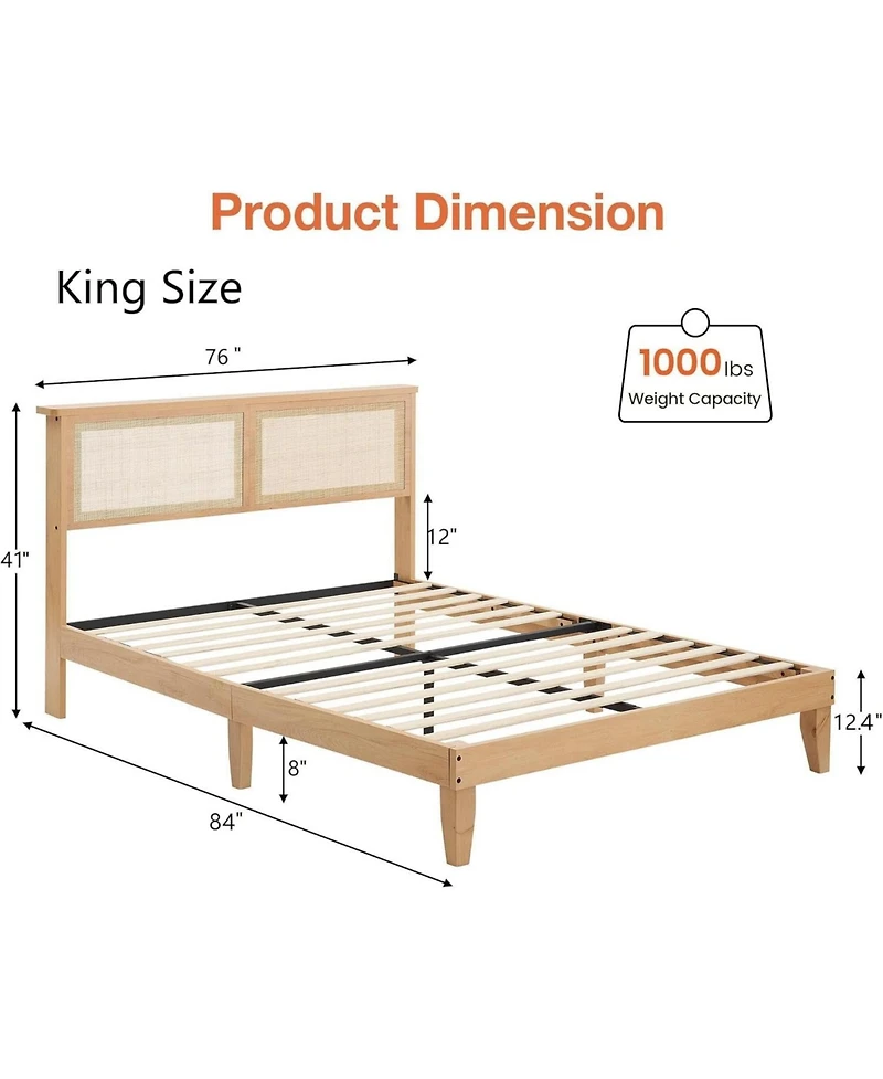 Gaomon Boho Bed Frame, Rattan Headboard Bed Frame With Led Lights, Noise-Free Platform Light Wood Bed Frame