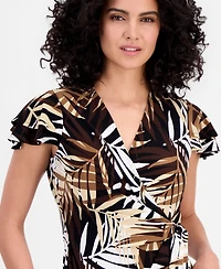 Anne Klein Women's Palm-Print Flutter-Sleeve Wrap Top