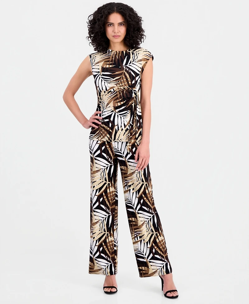 Anne Klein Women's Palm-Print Extended-Shoulder Tie-Waist Top