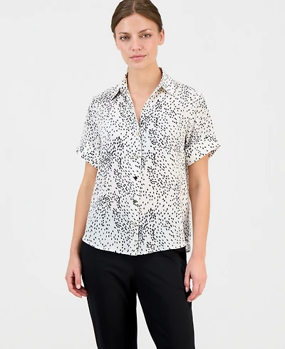 Anne Klein Essentials Petite Printed Button-Front Short-Sleeve Top