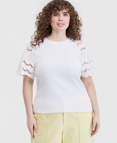 On 34th Trendy Plus Eyelet Puff-Sleeve Rib-Knit Top, Macy's Exclusive