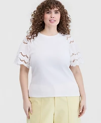 On 34th Trendy Plus Eyelet Puff-Sleeve Rib-Knit Top, Macy's Exclusive
