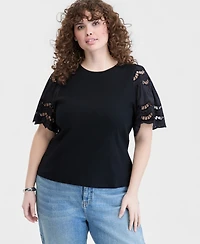 On 34th Trendy Plus Eyelet Puff-Sleeve Rib-Knit Top, Macy's Exclusive