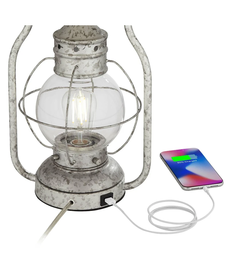 Franklin Iron Works Bodie Rustic Industrial Table Lamp with Usb Charging Port Nightlight Antique Led Edison 26" High Distressed Silver Off White Linen