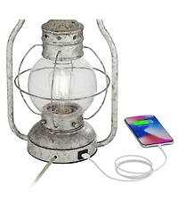 Franklin Iron Works Bodie Rustic Industrial Table Lamp with Usb Charging Port Nightlight Antique Led Edison 26" High Distressed Silver Off White Linen