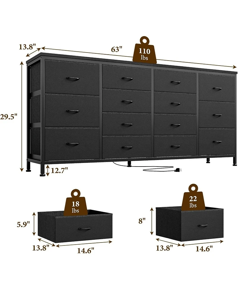 gaomon 63" W Long Fabric Dresser Tv Stand with 14 Drawers and Power Outlets, for 65–75 Inch TVs