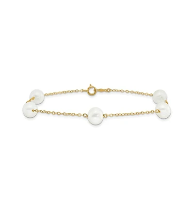 Curata Jewelry Solid 10k Yellow Gold 7-8mm Freshwater Cultured Pearl 5-station Anklet 10 Inch