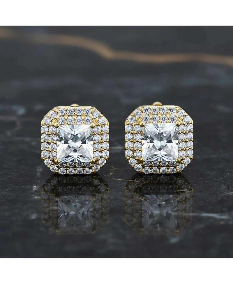 Bling Jewelry Cz Halo Princess Cut Cubic Zirconia Statement Stud Clip On Earrings Gold Plated