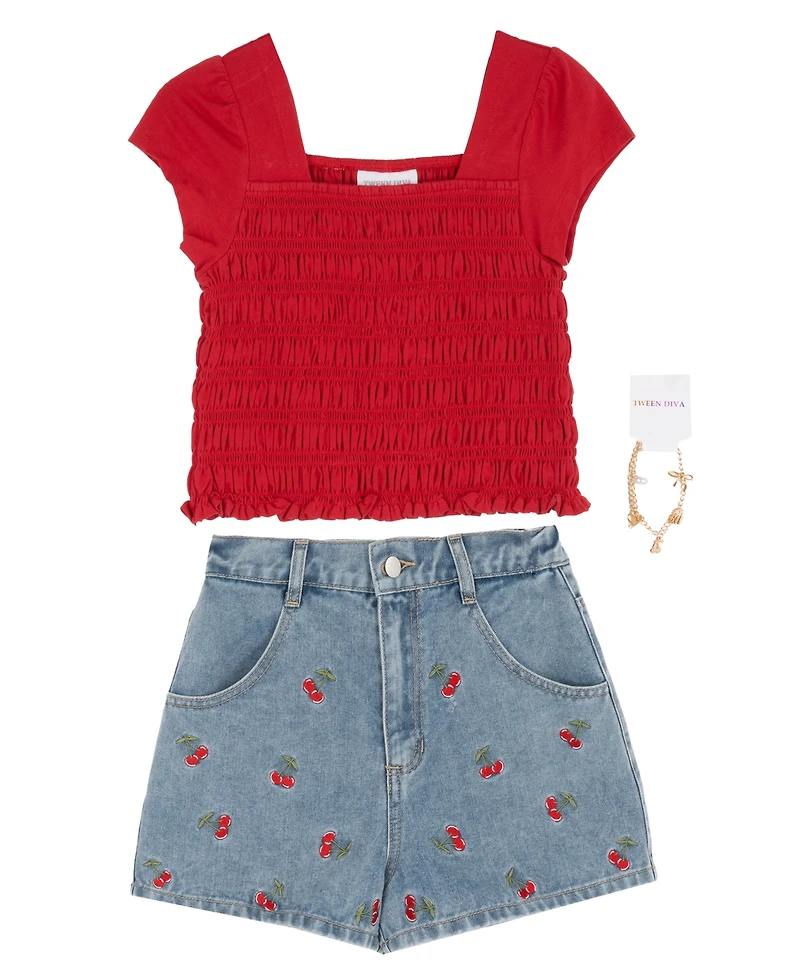 Tween Diva Girls' 7-16 2Smocked Top and Cherry Embroidered Denim Short, 2-Piece Set