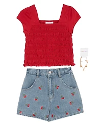 Tween Diva Girls' 7-16 2Smocked Top and Cherry Embroidered Denim Short, 2-Piece Set