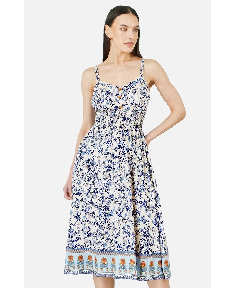 Yumi Women's Floral Border Print Midi Sun Dress