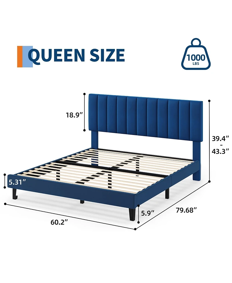 gaomon Velvet Upholstered Adjustable Vertical Tufted Headboard & Bed Frame