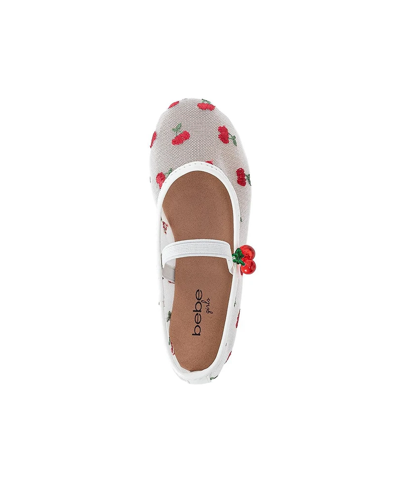 Bebe Girl's Mesh Ballet Mary Jane Shoes - Comfortable Dress Flats with Embroidered Cherry Accents