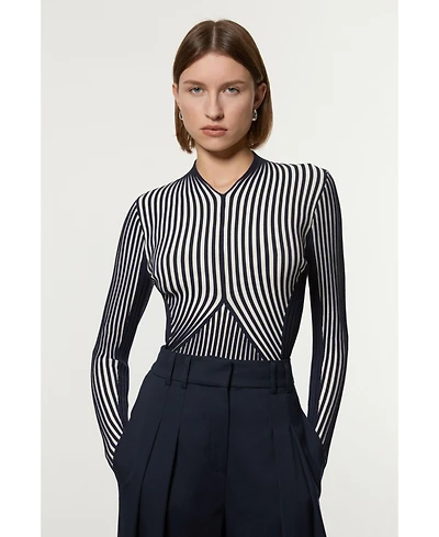 Karen Millen Women's Stripe Fitted Long Sleeve Knitted Top