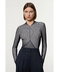 Karen Millen Women's Stripe Fitted Long Sleeve Knitted Top